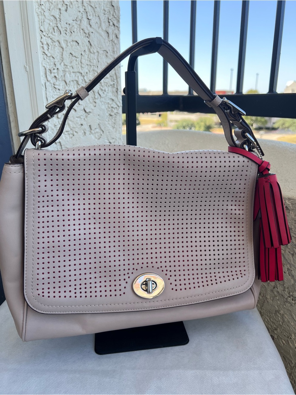 Coach Perforated Leather Romy Top Handle Bag with Tassel